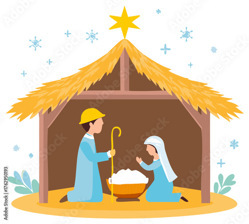 Cartoon Nativity scene with holy family figures kneeling in a stable under a star and falling snow celebrating Christmas holiday