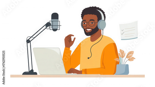 Man recording podcast isolated on transparent background with laptop and microphone
