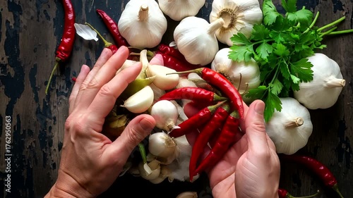 Hands arranging fresh garlic, red chilies, and herbs on a rustic table