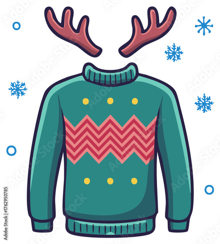 Festive ugly Christmas sweater with reindeer antlers and snowflakes vector illustration for a holiday party