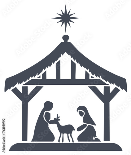Simple Nativity Scene silhouette icon with Holy Family in a manger under the star