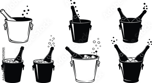 Collection of champagne bottle ice bucket vector illustrations with bubbles, ice cubes, and festive celebration elements in black and white