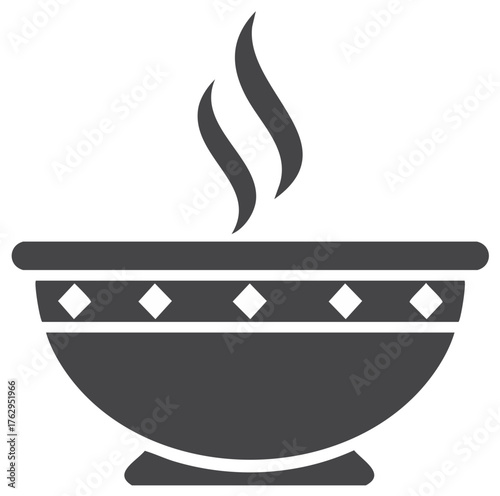 Stylized dark grey icon of a steaming hot bowl adorned with decorative diamond patterns