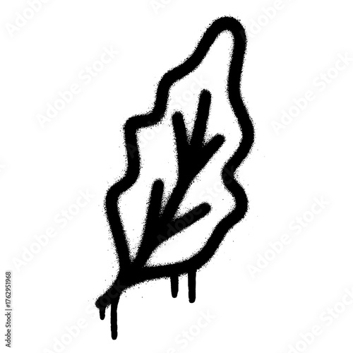 Minimalist black spray painted leaf stencil with dripping paint effect on a white background.