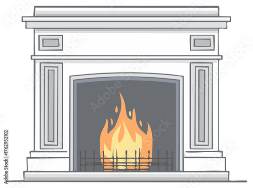 Illustration of a traditional white mantel fireplace with a cozy burning fire