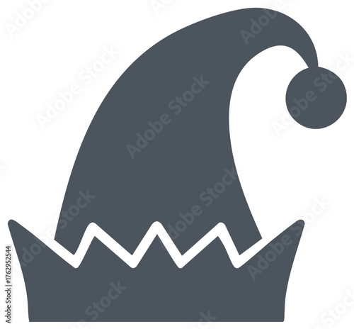 Simple gray Christmas elf hat vector icon with playful pompom and zigzag brim for festive holiday design