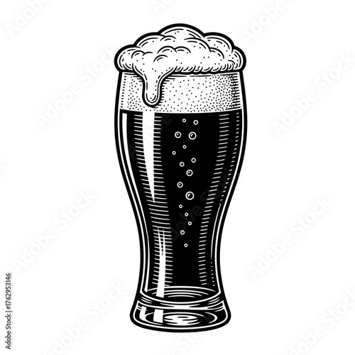 a glass of beer full of foam engraving black and white outline.