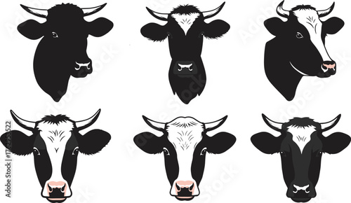 Cow head silhouette vector set with farm animal faces, cattle illustrations, rural livestock artwork, agriculture design, countryside nature icons