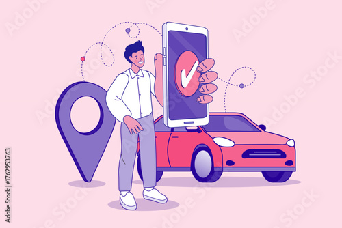 A happy man confirms his car rental or ride-hailing booking on a smartphone. The app shows a checkmark, with a car and a large map pin representing the location-based service.