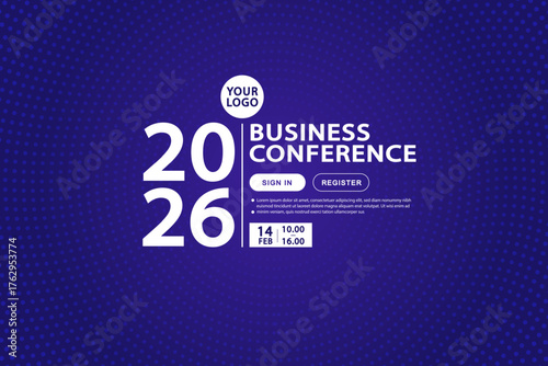 A modern template for a business conference event in 2026. This dark blue halftone background includes register buttons, making it a perfect website banner or landing page for a corporate summit.