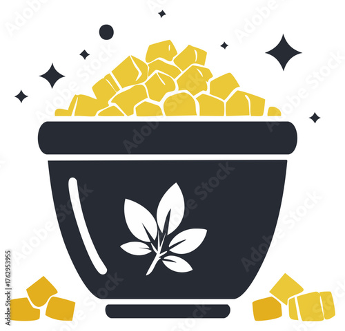 Stylized cauldron filled with golden yellow nuggets sparkling and glowing illustration