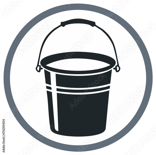 Iconographic representation of a dark grey bucket filled with liquid inside a circular frame
