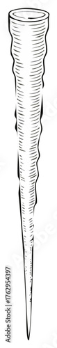 Single sharp icicle in a hand drawn vintage woodcut style. Black and white winter line art illustration.