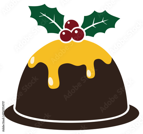 Stylized Christmas pudding with glossy custard and holly, seasonal dessert icon, holiday vector illustration, festive food symbol, graphic art