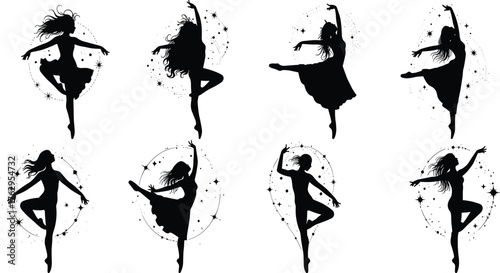 Elegant ballet dancer silhouettes with sparkling star circle decoration, graceful dance poses vector illustration for performance art, stage, theater, and design