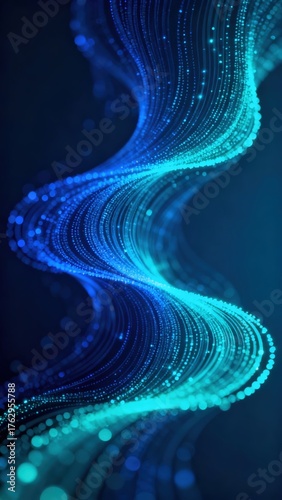 Abstract digital wave of glowing blue and cyan particles flowing in a dynamic stream of energy and data on a dark background