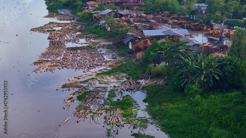 Large piles of floating logs at a plywood factory in the Philippines
