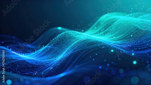 Dynamic abstract background featuring futuristic glowing blue particle waves representing digital data flow and technology