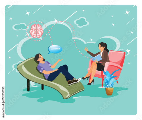 Psychotherapy concept. Therapist And Client Talk In A Bright Cozy Therapy Scene For Mental Health.