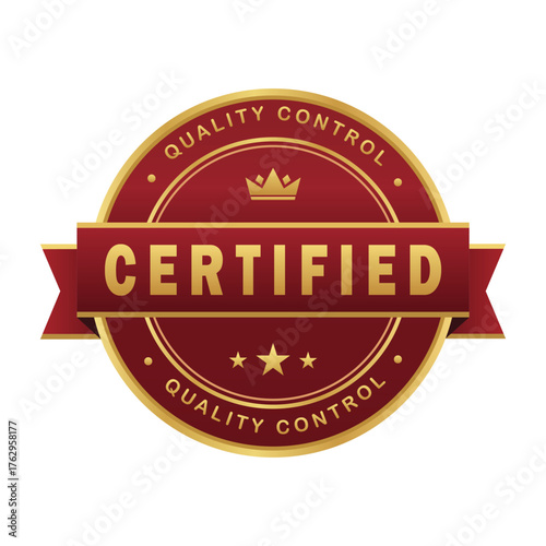 Vector art of a vibrant quality control certified badge, , featuring a gold crown and stars on a deep red backdrop with golden accents