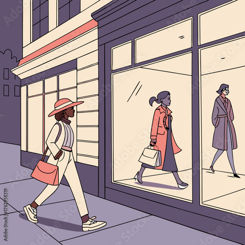 Women Walking Past Storefront in City Street Illustration