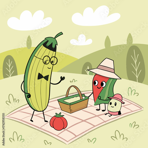 Zucchini and Watermelon Enjoying a Picnic in a Sunny Meadow