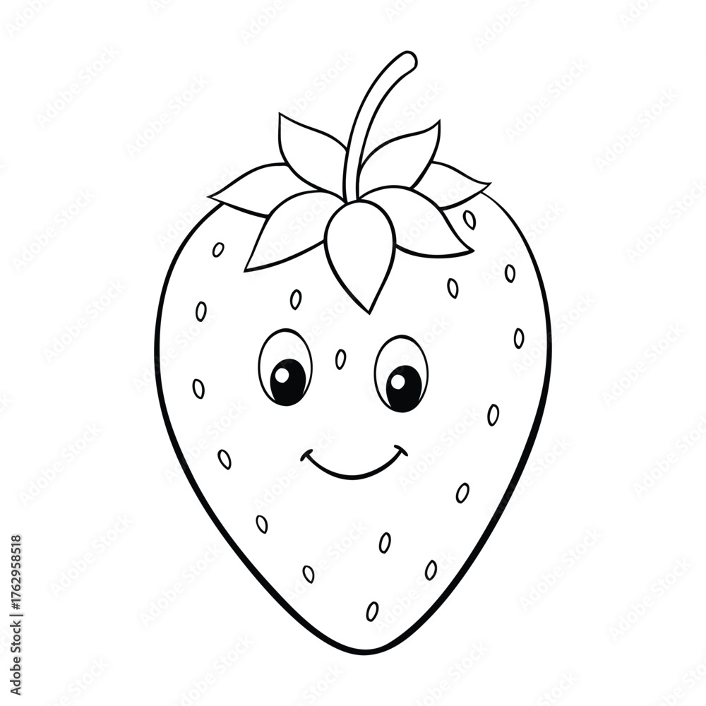 Obraz premium A sweet and juicy strawberry coloring page featuring a plump berry with tiny seeds and leafy top, perfect for kids to color and enjoy a fun fruity art activity. 