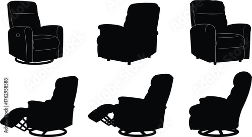 Reclining chair silhouettes vector illustration showing multiple positions with footrests, comfortable seating design for living room, home theater, furniture concepts