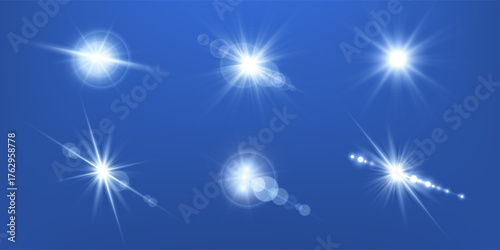 Blue lens flares set. Sun flash with rays or spotlight and bokeh. Blue glow flare light effect. Vector illustration.