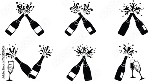 Romantic bottles with floating heart bubbles vector silhouettes, love potion illustration for Valentine’s Day, wedding celebration, romance, affection, and decorative design