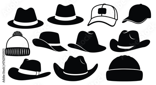 Collection of diverse hat styles depicted as black silhouettes on a white background showcasing various headwear silhouettes