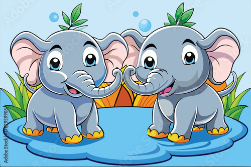Two happy cartoon baby elephants with trunks touching on a blue cloud-like surface cute