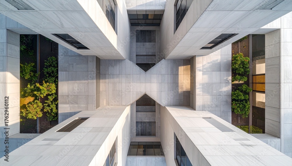 Fototapeta premium Worms Eye View of a Modern Symmetrical Concrete Building.