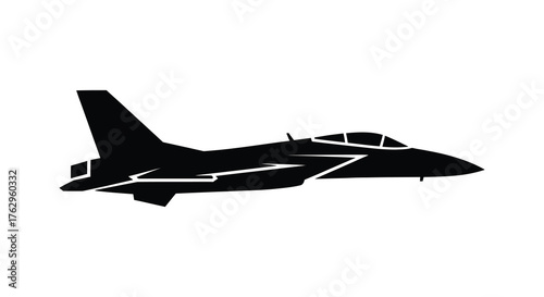 A powerful fighter jet aircraft in a stark black silhouette against a clean white background symbolizing speed and military aviation silhouette