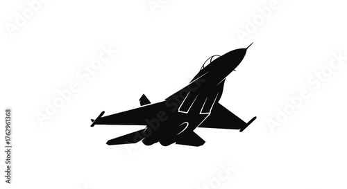 Powerful modern fighter jet soaring through the sky in a dramatic black silhouette against a white background