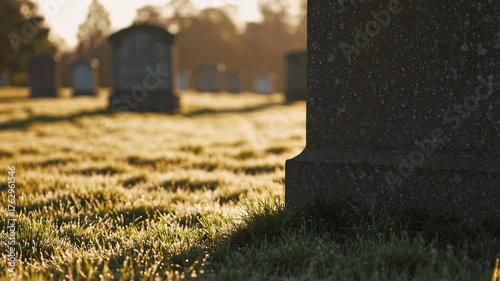 Golden sunrise over silent cemetery graves illuminates peaceful morning
