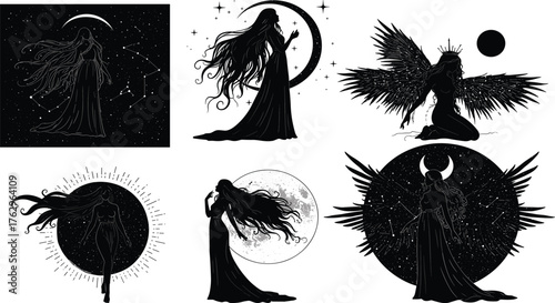 Mystical celestial women silhouettes with stars, moons, and wings vector illustration, fantasy goddess artwork for spirituality, universe, magic, and design