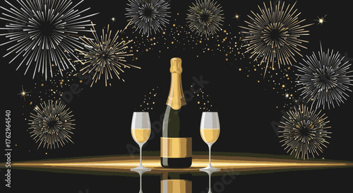 Elegant Champagne Bottle with Two Full Glasses Ready for a Toast.