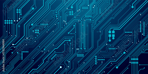 Circuit board wires in light blue on dark navy futuristic technology background. Artificial Intelligence banner concept. Abstract AI tech bg. Digital line pattern. Electronics Vector illustration.