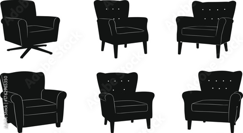 Set of six modern and classic armchair silhouettes collection, furniture vector icons for interior design, home decor, catalog illustration
