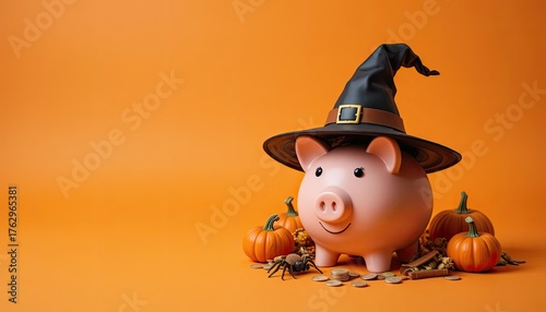 Isolated on an orange background, a witch hat-wearing piggy bank is encircled by pumpkins and a spider. The subject is investment, future planning, and saving money for the holiday budget.