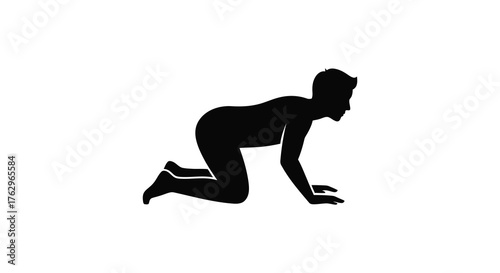 A person in a quadrupedal stance on hands and knees in a striking black silhouette illustration