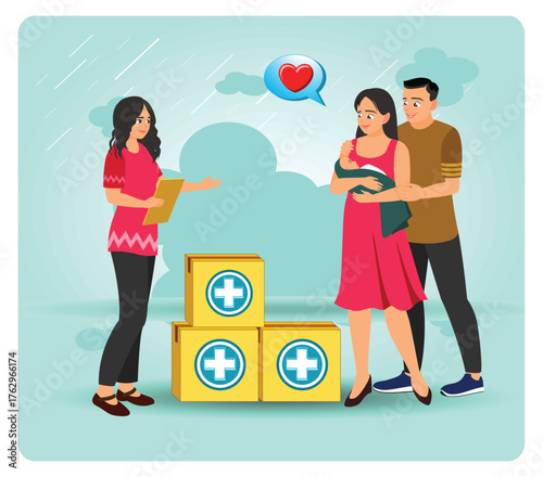 Aid to disadvantaged groups. Family Receives Medical Aid From Volunteers As Neonatal Care Supply.