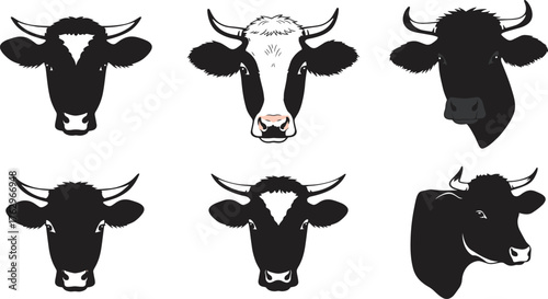 Stylized cow head illustrations with black and white contrast, blue outlines, farm animal vector art for agriculture, dairy, and livestock design