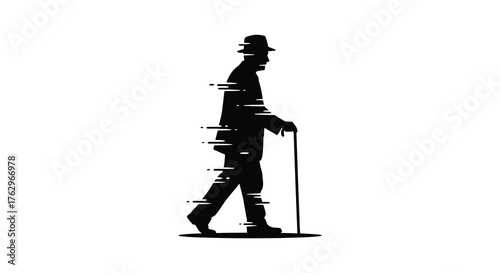 Distorted glitch art silhouette of a gentleman walking with a cane and hat