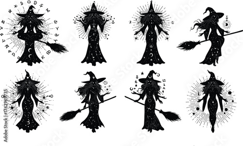 Witch silhouette vector illustration with broomsticks, hats, stars, moons, and mystical symbols for Halloween, fantasy, magic, and occult designs
