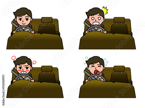 Four cartoon illustrations showing a driver with different emotional expressions while driving a car.