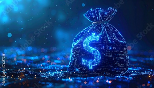 Digital money bag with dollar sign, glowing on blue surface