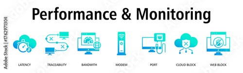 Performance & Monitoring banner web icon vector illustration concept with icon of latency, traceability, bandwidth, modem, port, cloud block, web block
