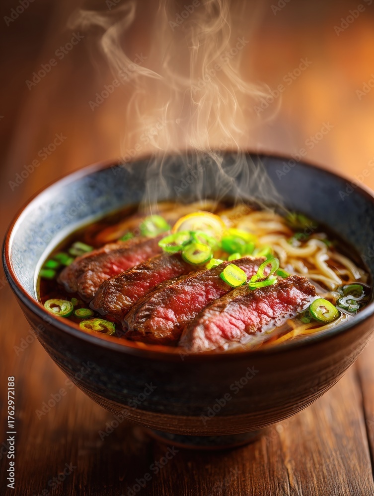 Fototapeta premium Japanese Soba Noodles with Wagyu Beef and Yuzu